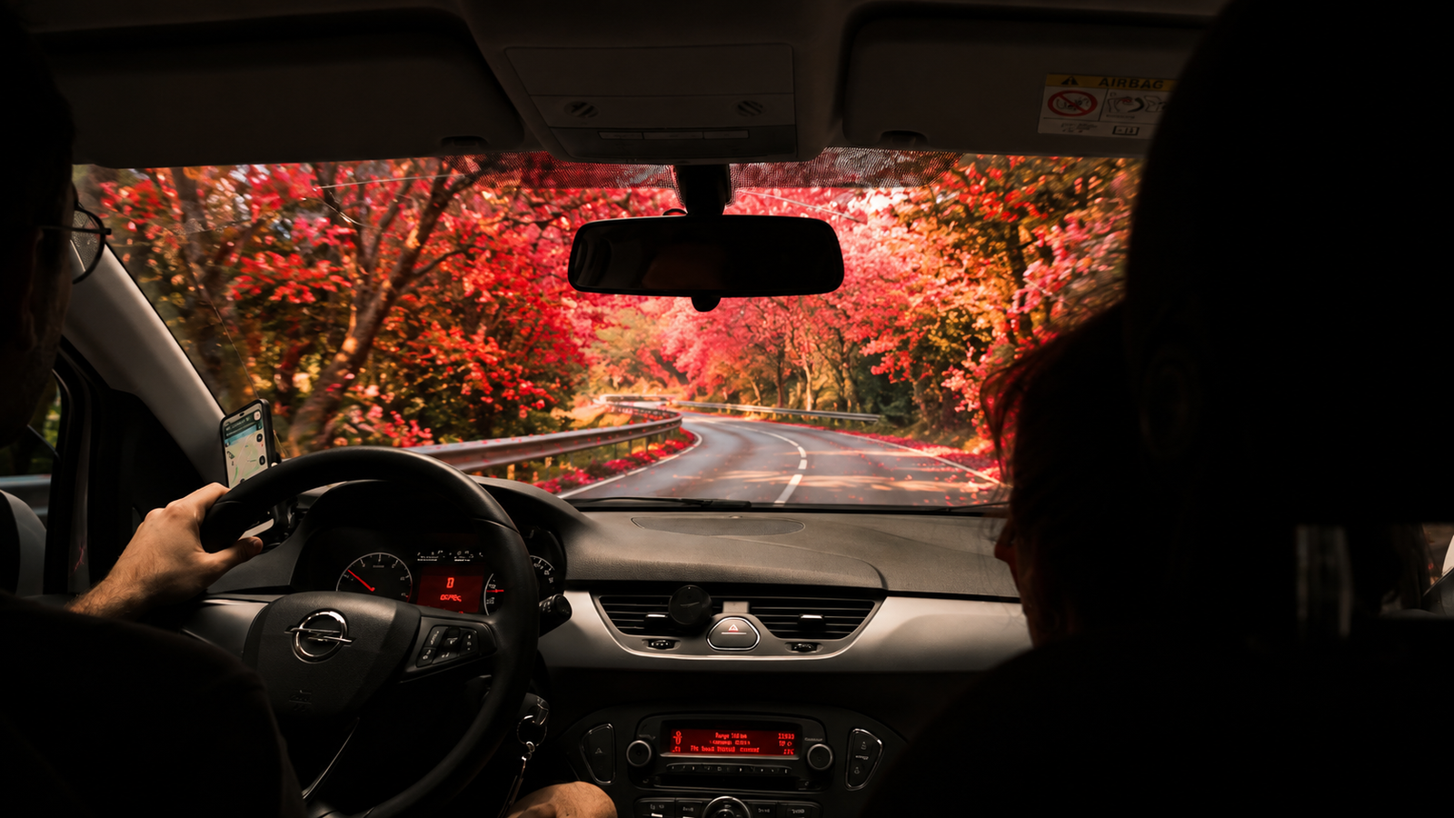 In-car view on a scenic road during professional driving instruction